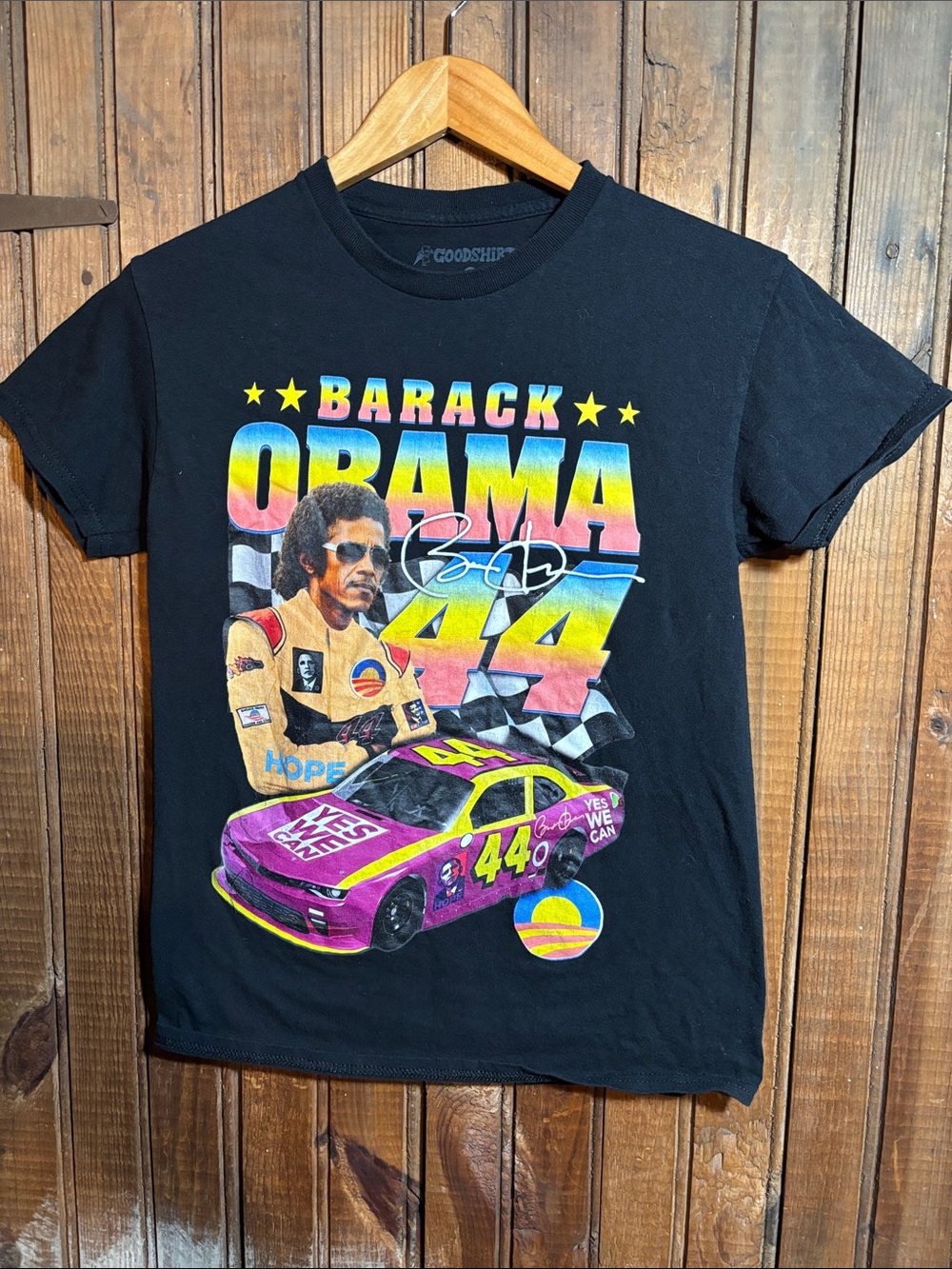 Barack Obama Graphic Black T-Shirt – Retro Racing Design
